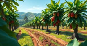 Lush cocoa farm landscape with vibrant green trees and rich brown soil, showcasing cocoa pods in a serene setting.