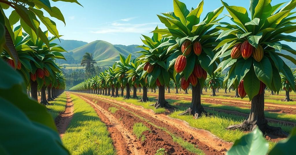 Lush cocoa farm landscape with vibrant green trees and rich brown soil, showcasing cocoa pods in a serene setting.