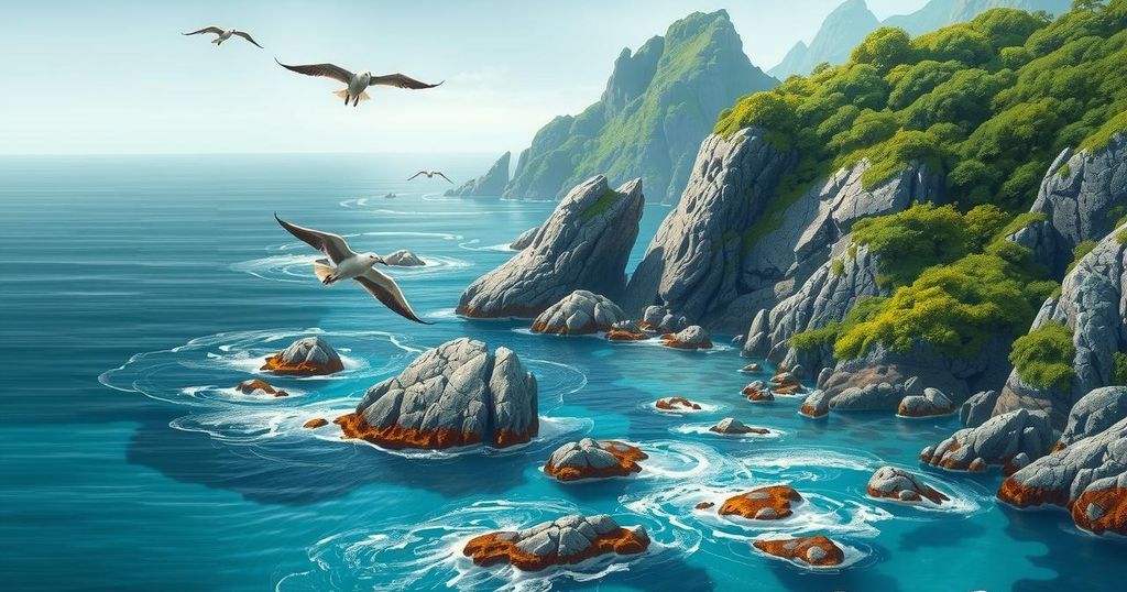 A serene coastline with protected areas symbolizing conservation efforts for penguins in South Africa.