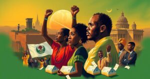 A symbolic representation of Nigeria's democratic struggle with unity, strength, and resilience themes in warm colors.