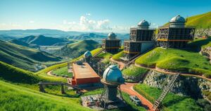 Paraguay's landscape with modern Bitcoin mining facilities under a bright blue sky, featuring green hills and high-tech equipment.