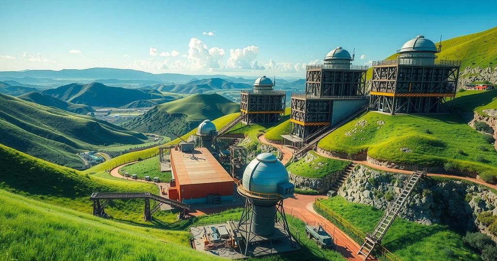Paraguay's landscape with modern Bitcoin mining facilities under a bright blue sky, featuring green hills and high-tech equipment.