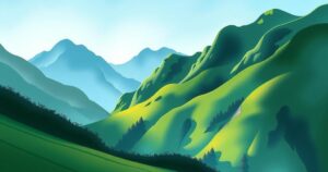 A serene landscape showcasing lush green mountains under a clear blue sky, evoking tranquility.