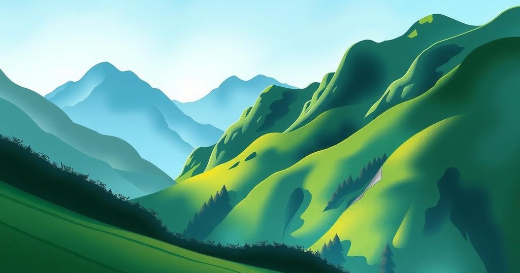 A serene landscape showcasing lush green mountains under a clear blue sky, evoking tranquility.
