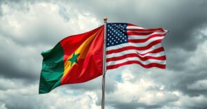 Ghana's flag and U.S. flag intertwined under a cloudy sky, symbolizing diplomatic discussions and foreign relations.