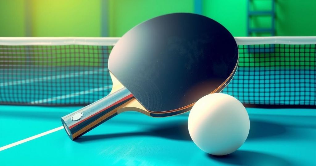 Fijian Paralympian prepares for competition with table tennis paddle and ball amid a dynamic sports background.