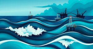 An abstract representation of offshore oil and gas fields with oil rigs and ocean waves in vibrant greens and blues.