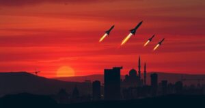 Skyline silhouette with rockets flying, dusk colors, represent conflict in the Middle East, Trump diplomacy, geopolitical tensions.