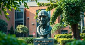 Bust of Mahatma Gandhi on university campus representing peace and global diplomacy.