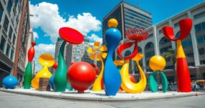 Colorful abstract sculptures in a downtown setting, showcasing nature-inspired designs, reflecting creativity and community.
