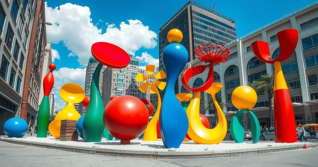 Colorful abstract sculptures in a downtown setting, showcasing nature-inspired designs, reflecting creativity and community.