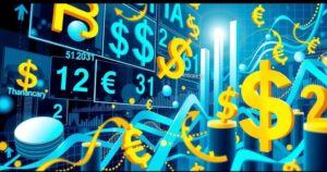 A stylized representation of Argentina's financial market dynamics with bonds and currency symbols in vibrant colors.