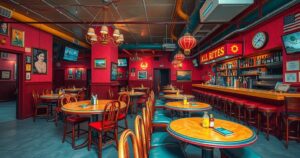 A lively bar with empty tables and chairs, vibrant colors, reflecting quietness in a busy area, showcasing a Latin American urban vibe.