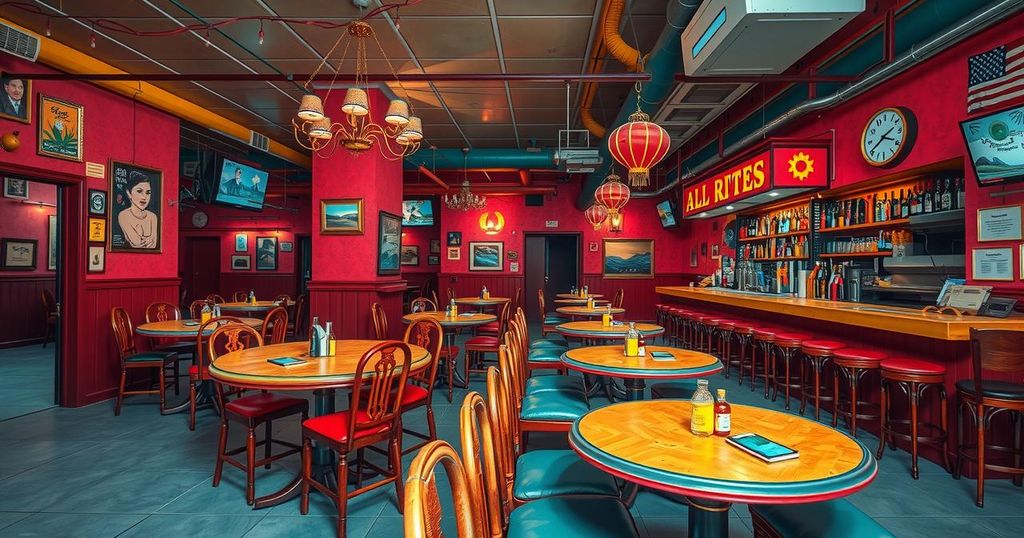 A lively bar with empty tables and chairs, vibrant colors, reflecting quietness in a busy area, showcasing a Latin American urban vibe.