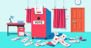 Elegant illustration of a modern election body with elements like ballots, a voting booth, and bright colors for democracy.