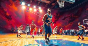 Basketball court scene during BAL playoffs with a vibrant color scheme and dynamic action