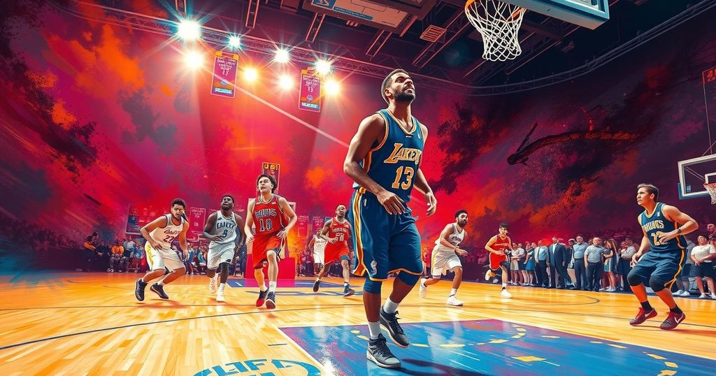 Basketball court scene during BAL playoffs with a vibrant color scheme and dynamic action
