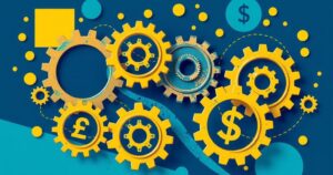 A vibrant abstract representation of economic transformation featuring gears and currency symbols in a bold color scheme.