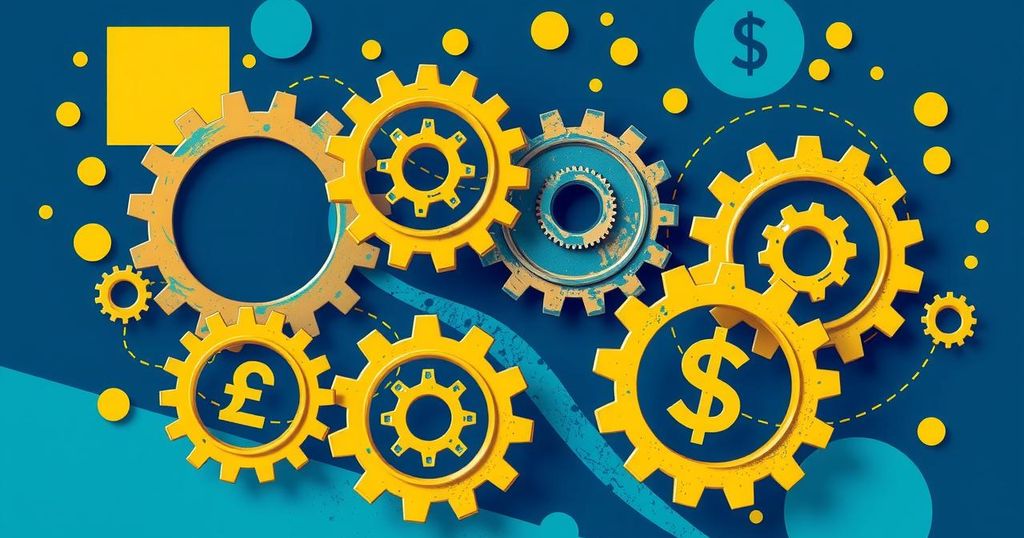 A vibrant abstract representation of economic transformation featuring gears and currency symbols in a bold color scheme.