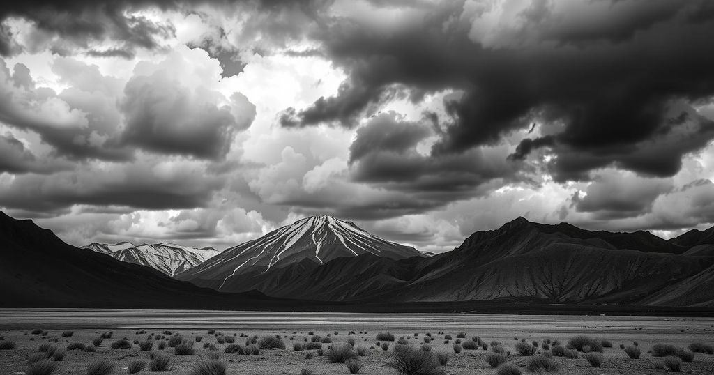 Dramatic landscape depicting negotiation tensions, with dark clouds and contrasting light above a barren mountain range.