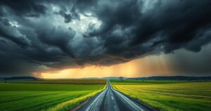 A symbol of political reform in Bangladesh represented by a dark stormy sky above a lush green landscape with a road pointing toward light.