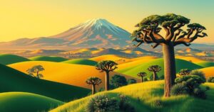Vibrant illustration of Tanzanian landscapes and currency, symbolizing financial growth and development in Tanzania.