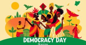 Symbolic illustration of Nigeria's Democracy Day with vibrant colors, focusing on unity and freedom.