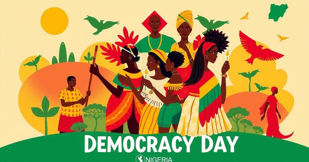 Symbolic illustration of Nigeria's Democracy Day with vibrant colors, focusing on unity and freedom.