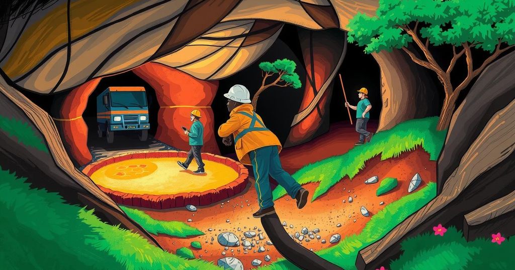 Ghana mining industry illustration showing exploration, collaboration, and sustainable growth in vibrant colors.