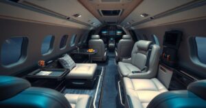 A luxurious jet interior with modern upgrades, sleek design, and a high-tech cockpit setup.