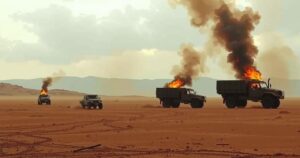 Desert landscape with military trucks and smoke, emphasizing conflict and tension in Mali.