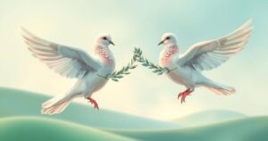 Symbolic peace handshake between two doves representing Iran and Israel, olive branches, soft colors.