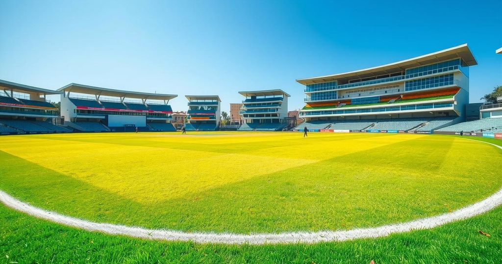 Colorful cricket field at Harare Sports Club with empty stadium under a clear blue sky, ready for international matches.