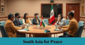 A diplomatic scene showing South Asian representatives discussing peace and cooperation in a neutral environment.