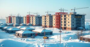 Aerial view of an industrial complex with numerous dormitory buildings under construction in a winter landscape.