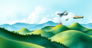 Indonesian landscape with serene skies and transportation symbols, reflecting the repatriation of citizens from abroad.