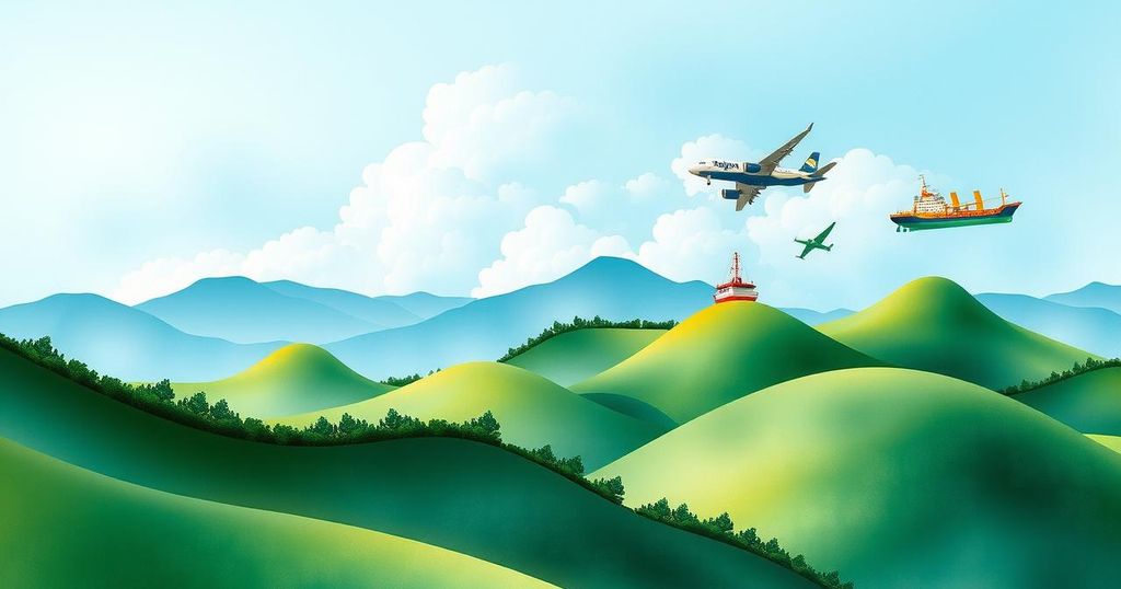 Indonesian landscape with serene skies and transportation symbols, reflecting the repatriation of citizens from abroad.