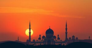 Kuwait's skyline during sunset with a silhouette of a mosque, reflecting regional concerns in serene colors.