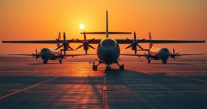 C-2 transport planes on runway in Djibouti, preparing for mission amidst a golden sunset sky.