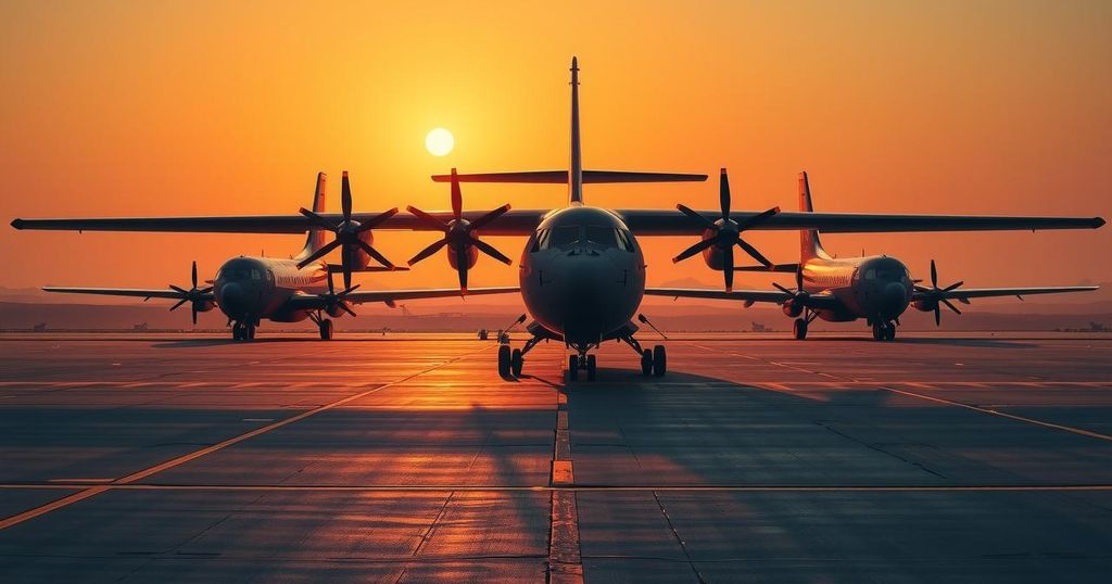 C-2 transport planes on runway in Djibouti, preparing for mission amidst a golden sunset sky.
