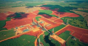 Aerial view of a vast oil-rich land in Angola, highlighting natural landscapes, and oil rigs, reflecting potential exploration.