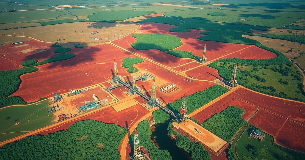 Aerial view of a vast oil-rich land in Angola, highlighting natural landscapes, and oil rigs, reflecting potential exploration.