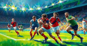 Lions rugby match scene with players in action, vibrant colors, dynamic composition, dramatic lighting effects.
