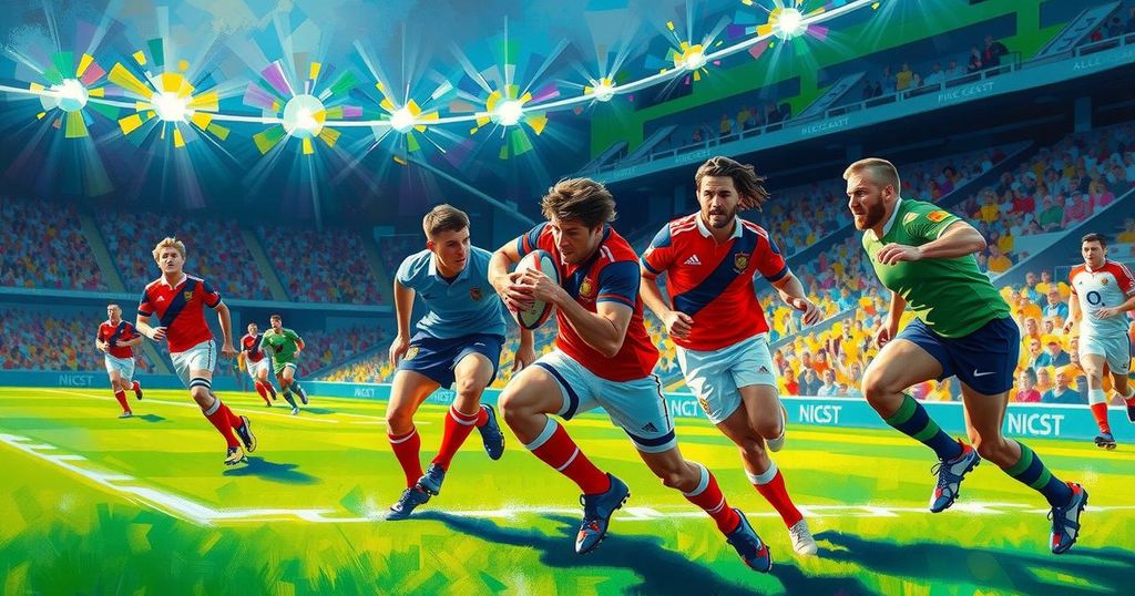 Lions rugby match scene with players in action, vibrant colors, dynamic composition, dramatic lighting effects.
