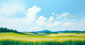 A serene landscape showing a clear blue sky over distant mountains and fields, symbolizing peace and hope.