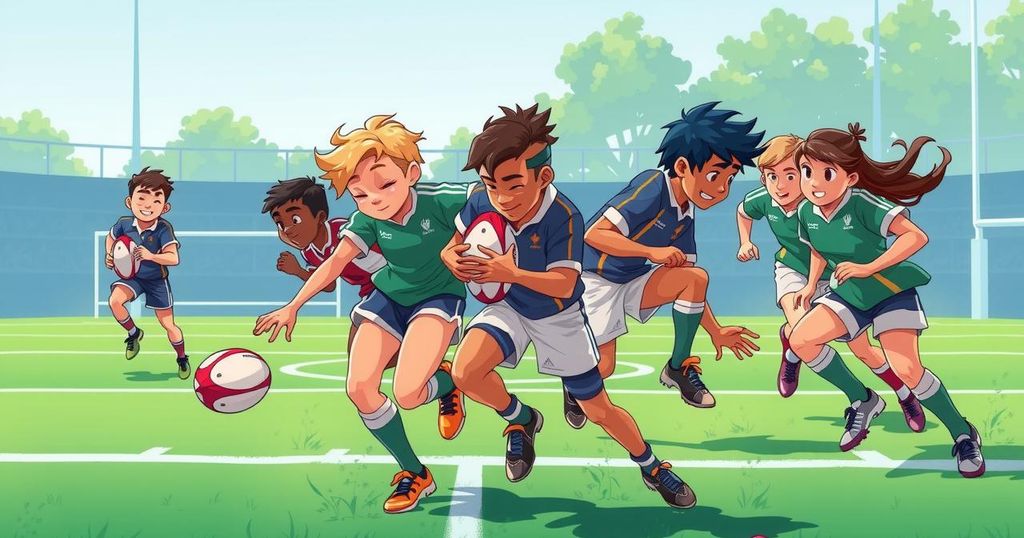 Dynamic rugby scene depicting young players in action, showcasing energy and teamwork in vibrant colors.