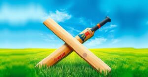 Cricket scene with two cricket bats and a ball against a lush green field background in a vibrant color scheme.