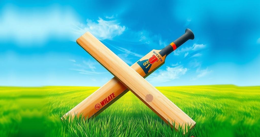 Cricket scene with two cricket bats and a ball against a lush green field background in a vibrant color scheme.