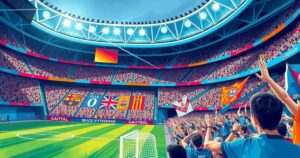 Vibrant soccer stadium scene with cheering fans and colorful banners, depicting excitement for upcoming matches.