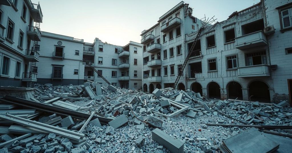 Destruction aftermath of an earthquake in a Colombian town with damaged buildings and debris scattered.